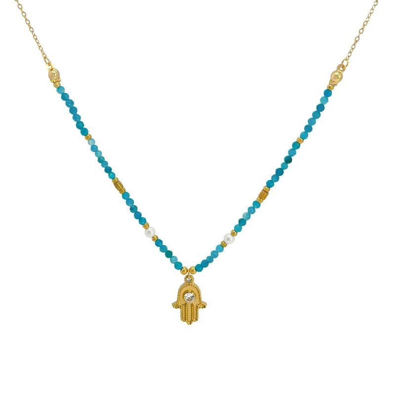 Ατσάλινο Κολιέ με Χάντρες & Χέρι της Φατίμα – Τιρκουάζ (N1797) - charmy.gr