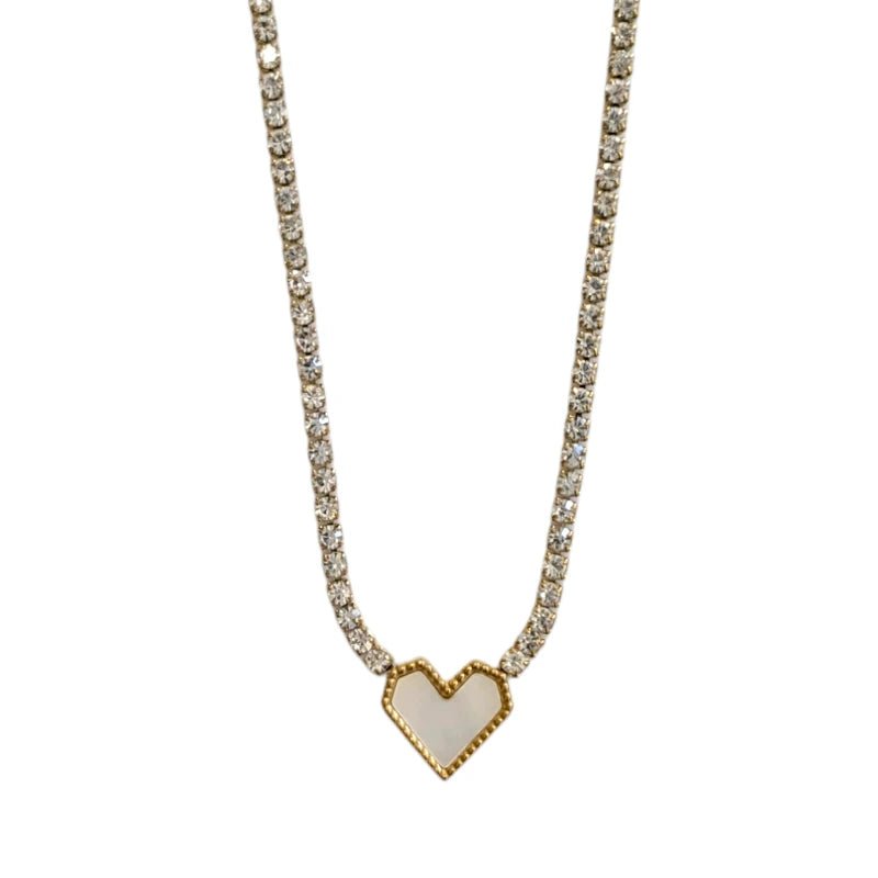 Ατσάλινο κολιέ ριβιέρα με άσπρη κρεμαστή καρδιά (N3106) - charmy.gr