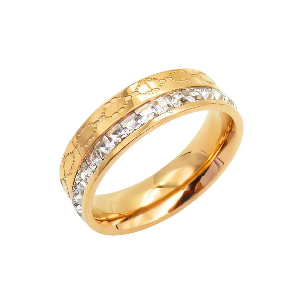 Ατσάλινο Ροζ Χρυσό Δαχτυλίδι με Ζιργκόν & Ανάγλυφο Μοτίβο (R3151) - charmy.gr