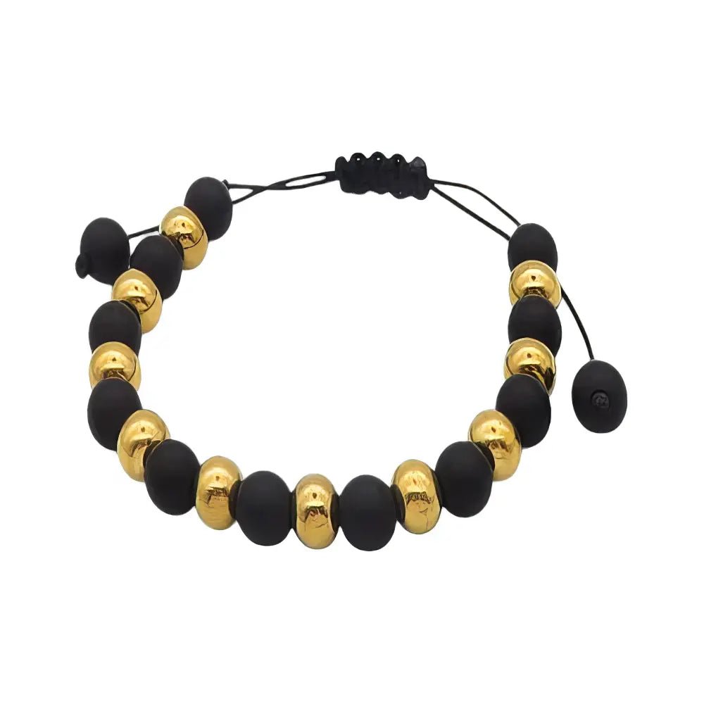 Ατσάλινο Ρυθμιζόμενο Βραχιόλι με Μαύρες Ματ & Χρυσές Λείες Χάντρες (B3429) - charmy.gr