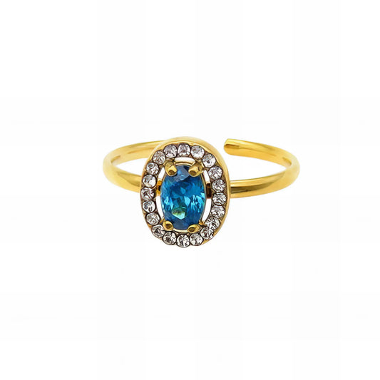 Ατσάλινο ρυθμιζόμενο δαχτυλίδι aquamarine ροζέτα (R3046) - charmy.gr