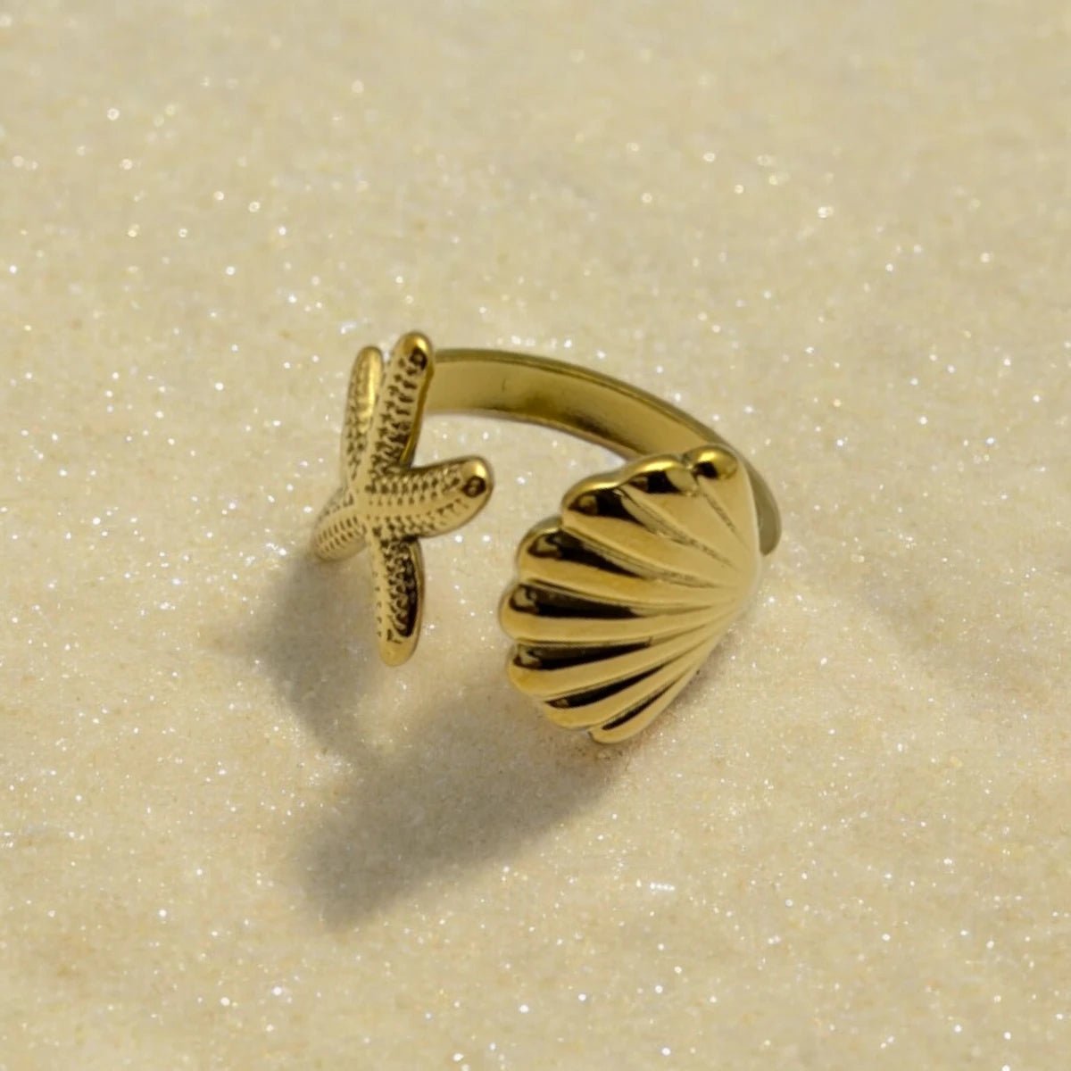 Ατσάλινο ρυθμιζόμενο δαχτυλίδι κοχύλι - αστερίας (R1053) - charmy.gr