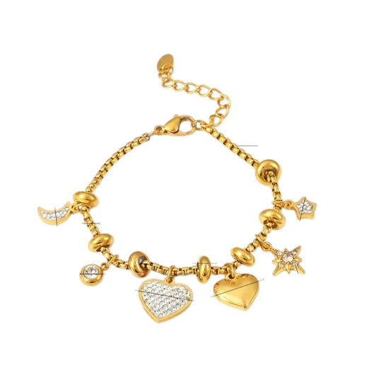 Ατσάλινο Χρυσό Βραχιόλι με Charms & Ζιργκόν – Glamorous Romance (B1701) - charmy.gr