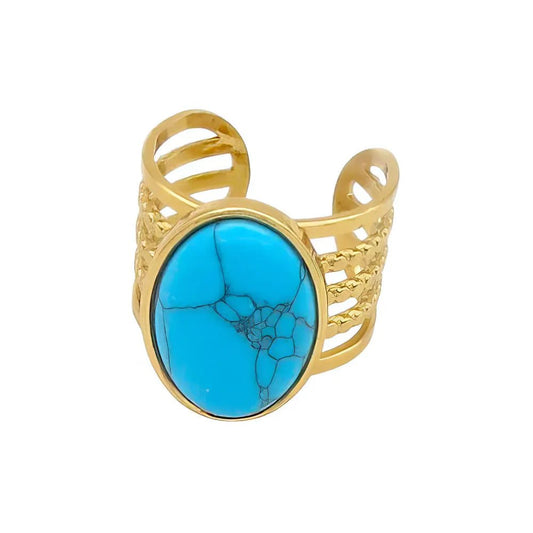 Ατσάλινο Χρυσό Δαχτυλίδι με Μεγάλη Τιρκουάζ Πέτρα (R3140) - charmy.gr