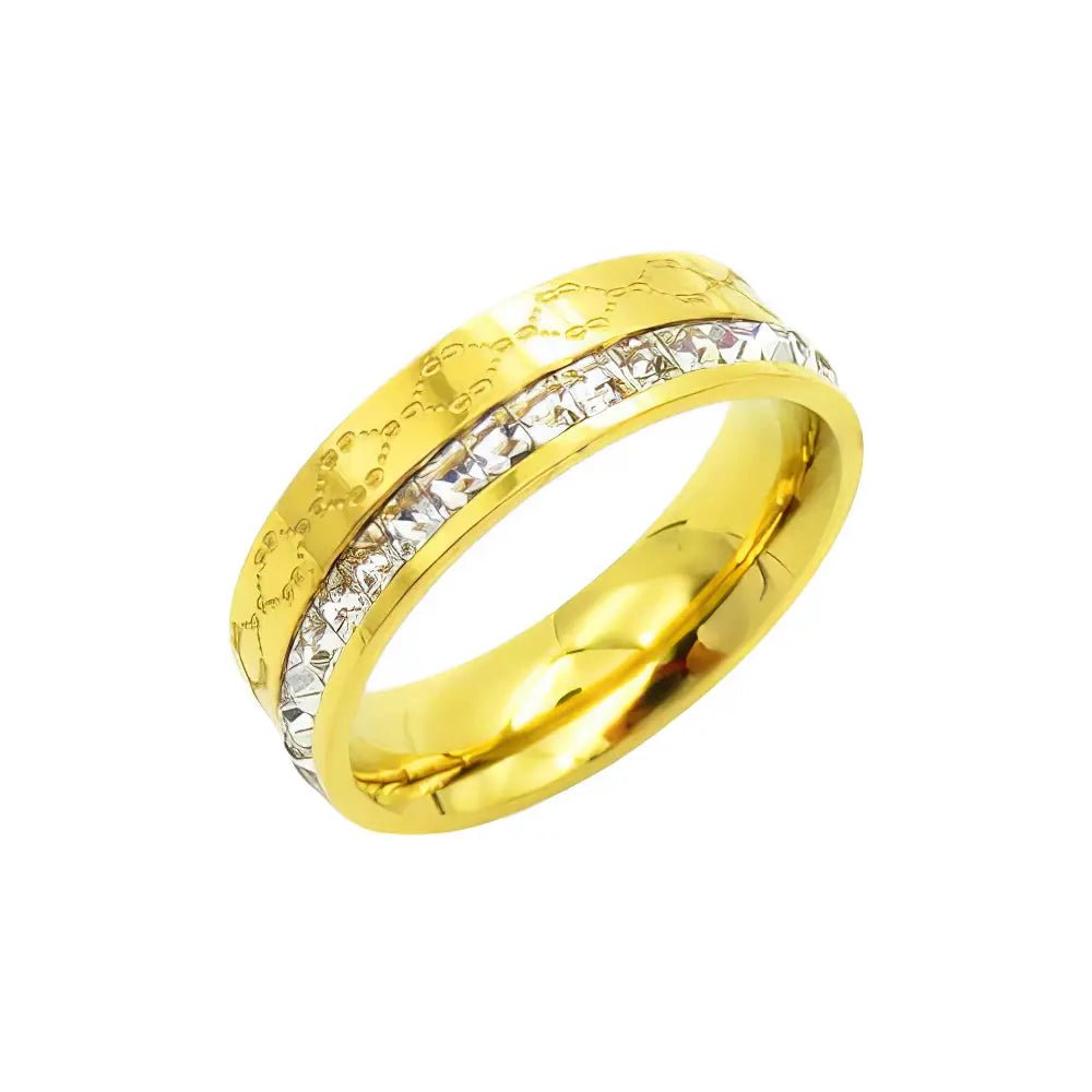 Ατσάλινο Χρυσό Δαχτυλίδι με Ζιργκόν & Ανάγλυφο Μοτίβο (R3149) - charmy.gr