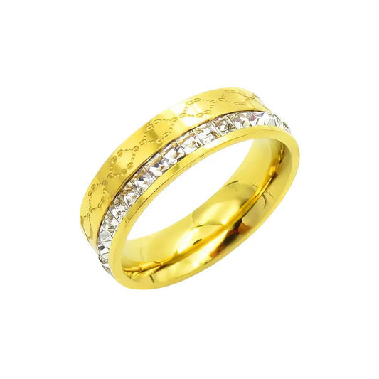 Ατσάλινο Χρυσό Δαχτυλίδι με Ζιργκόν & Ανάγλυφο Μοτίβο (R3149) - charmy.gr