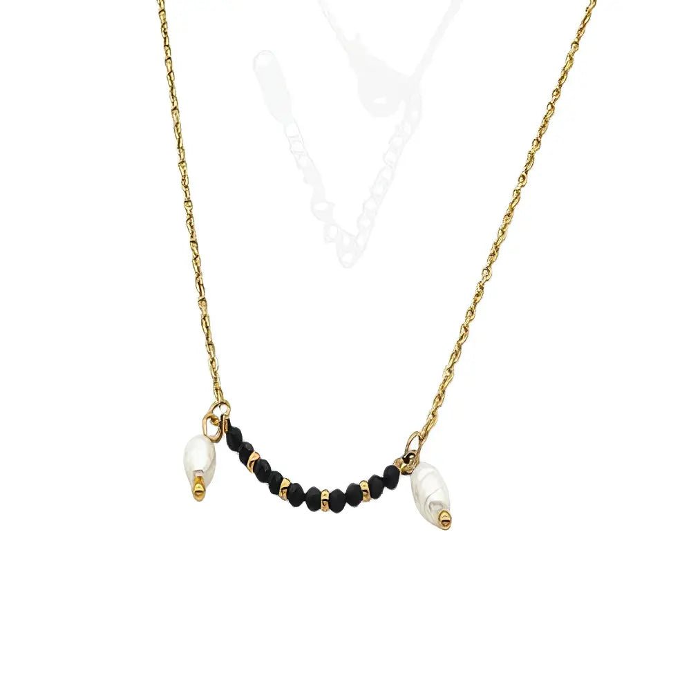 Ατσάλινο Χρυσό Κολιέ με Μαύρες Χάντρες & Λευκές Πέρλες(N3288) - charmy.gr