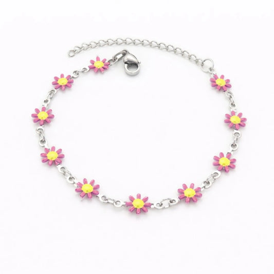 Ατσάλινο βραχιόλι με ροζ λουλουδάκια (B3623)