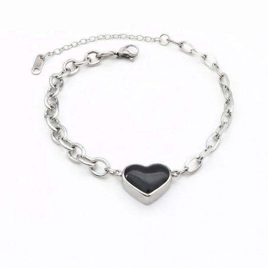 Ατσάλινο βραχιόλι αλυσίδα με μαύρη καρδιά (B3624)