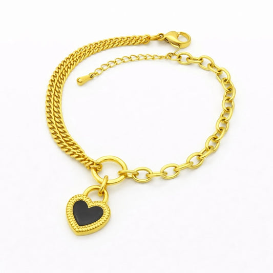 Ατσάλινο βραχιόλι αλυσίδα με μαύρη καρδιά (B3626)