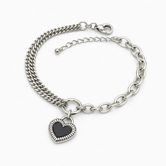 Ατσάλινο βραχιόλι αλυσίδα με μαύρη καρδιά (B3627)