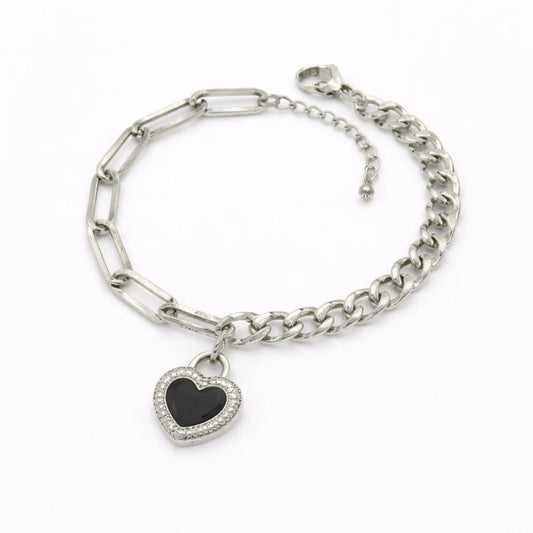 Ατσάλινο βραχιόλι αλυσίδα με μαύρη καρδιά (B3628)
