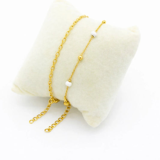 Ατσάλινο διπλό βραχιόλι με λευκές χάντρες (B3632)