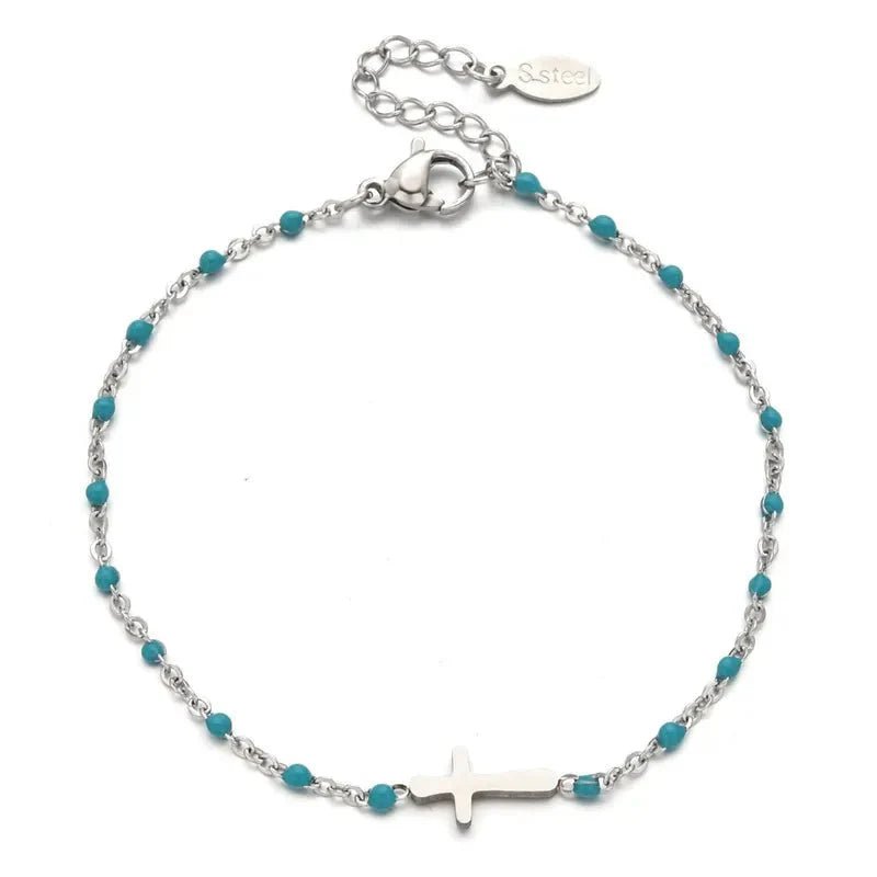 Βραχιόλι ατσάλινο ροζάριο με σταυρουδάκι ασημί με γαλάζιο (B1601) - charmy.gr