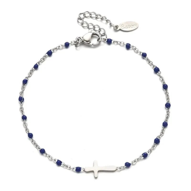 Βραχιόλι ατσάλινο ροζάριο με σταυρουδάκι ασημί με μπλε (B1602) - charmy.gr
