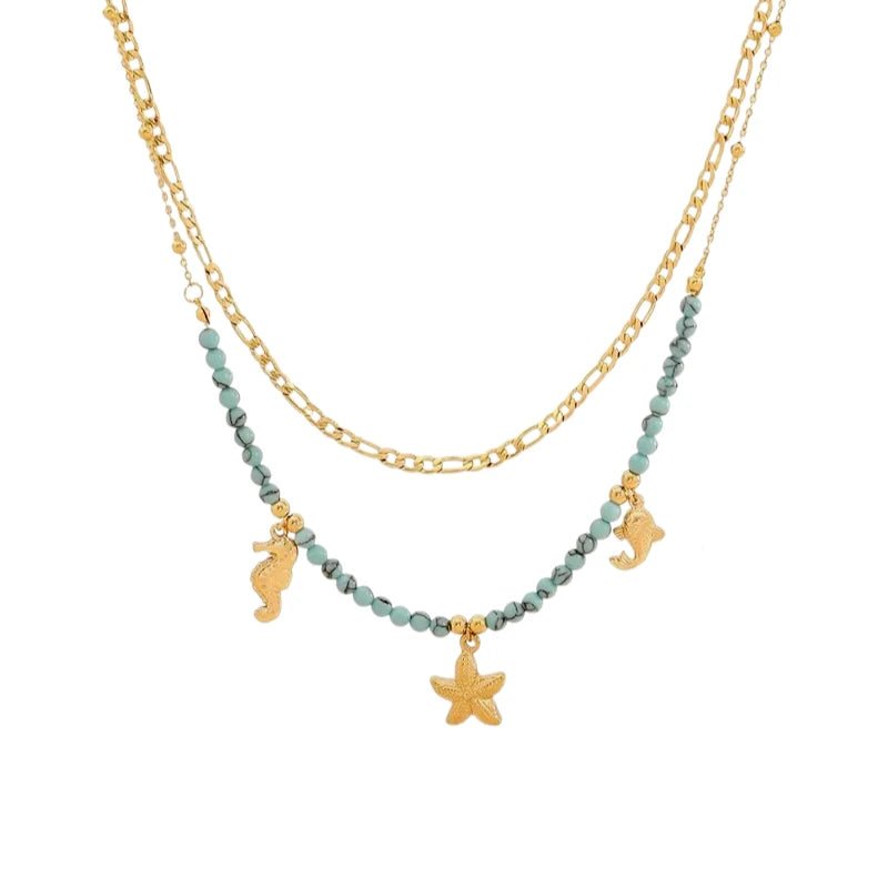 Διπλό Κολιέ με Χρυσή Αλυσίδα, Τυρκουάζ Χάντρες & Θαλάσσια Μοτίβα (N1773) - charmy.gr