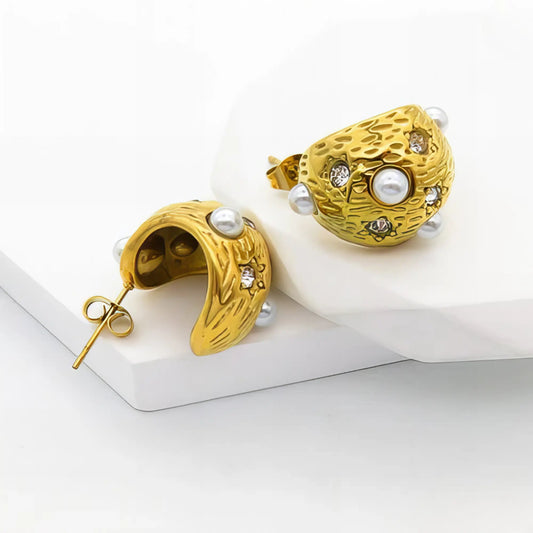 Επιχρυσωμένα Ατσάλινα Καρφωτά Σκουλαρίκια με Πέρλες και Ζιργκόν 2cm (E3219) - charmy.gr