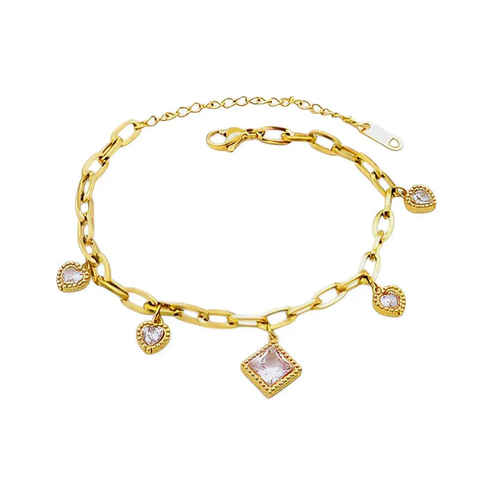 Επιχρυσωμένο Ατσάλινο Βραχιόλι με Καρδιές και Τετράγωνη Διαφανής Πέτρα (B3379) - charmy.gr