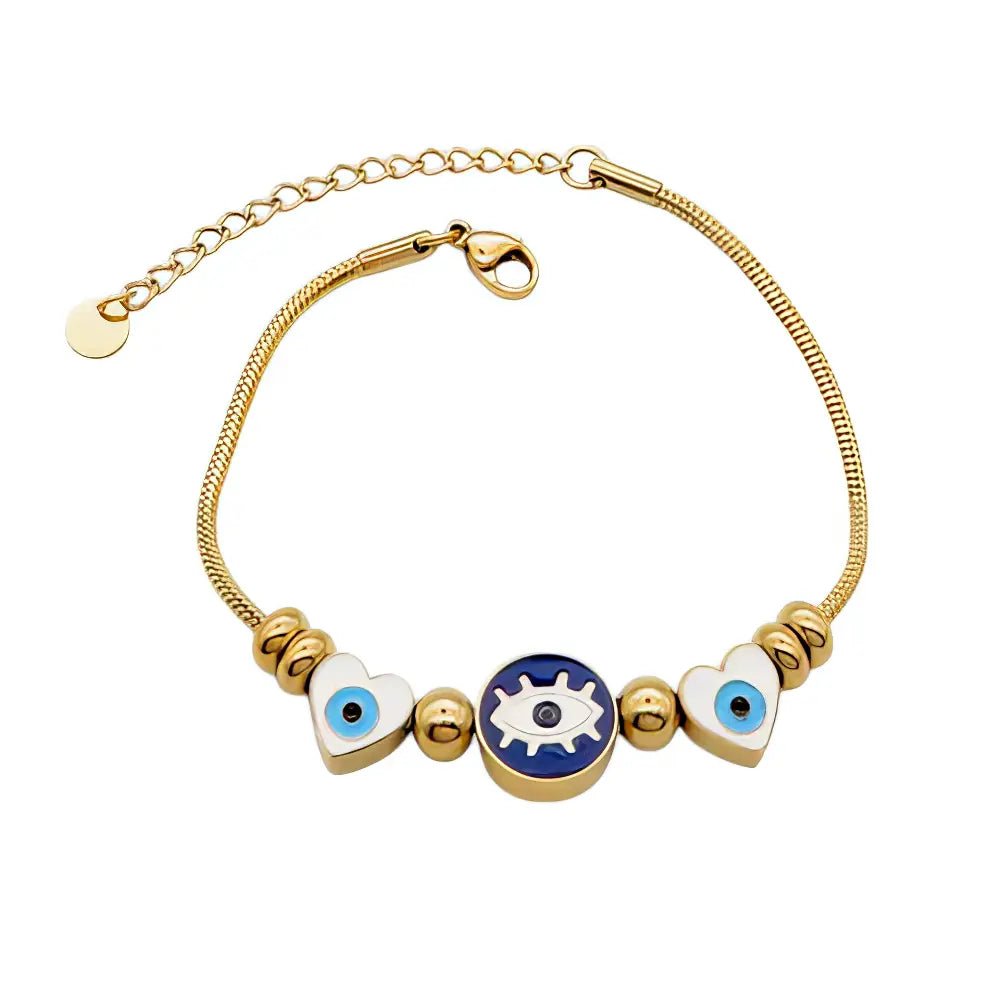 Επιχρυσωμένο Ατσάλινο Βραχιόλι με Μάτια και Καρδιές (B3383) - charmy.gr