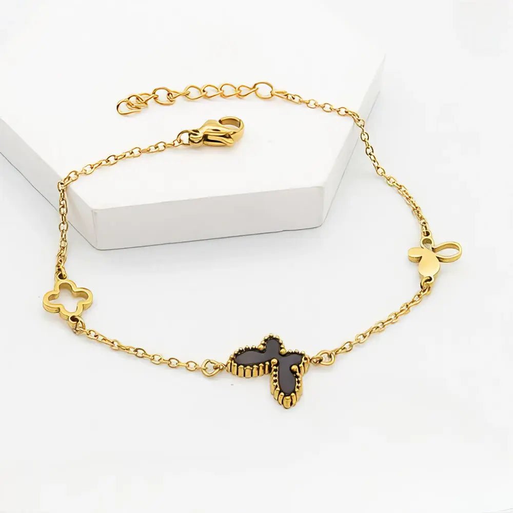 Επιχρυσωμένο Ατσάλινο Βραχιόλι με Τριφύλλια και Σταυρό (B3372) - charmy.gr