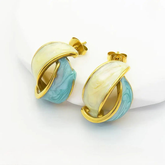 Καρφωτά ατσάλινα Σκουλαρίκια με Σμάλτο σε Γαλάζιο & Εκρού 2.2cm (E3251) - charmy.gr