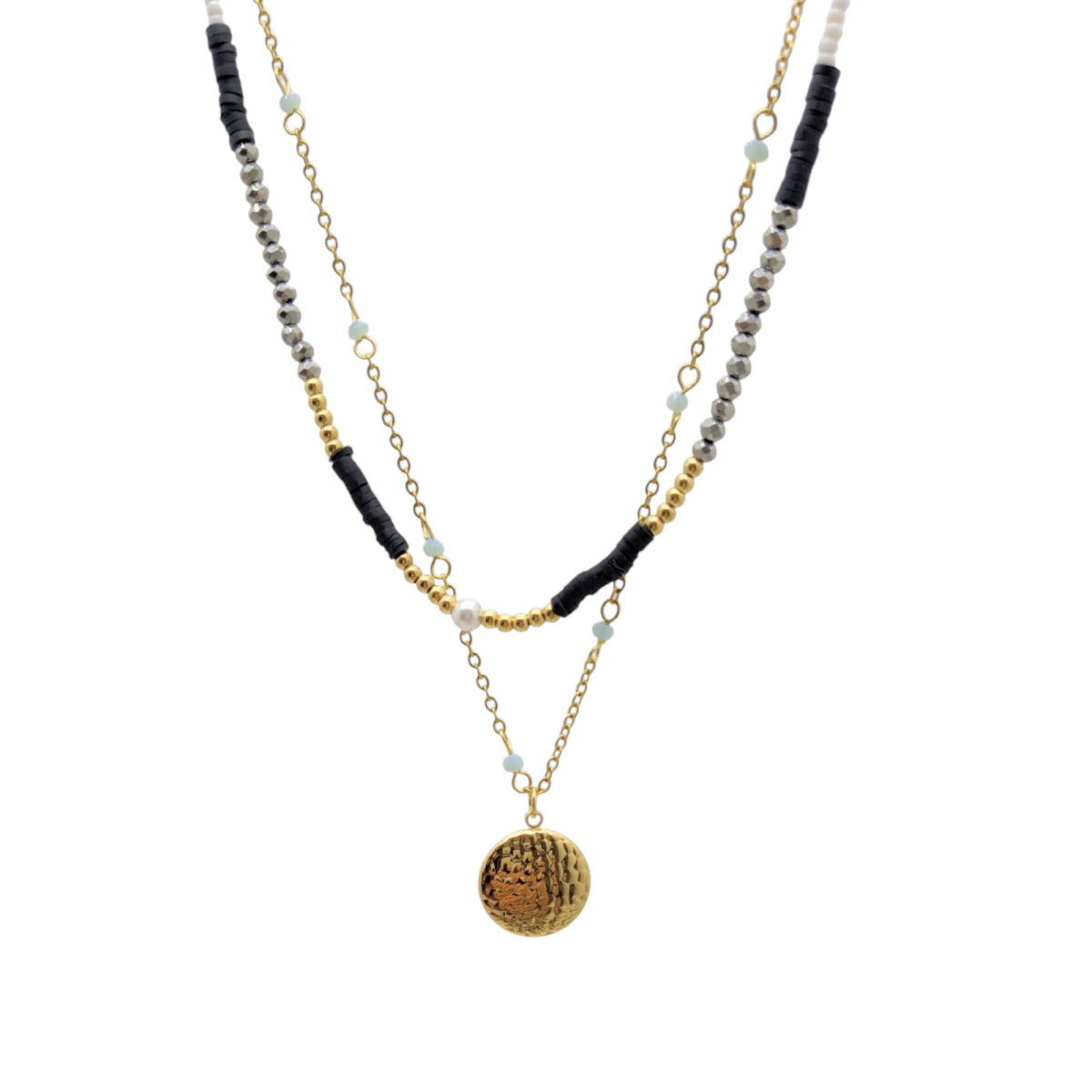 Κολιέ ατσάλινο διπλό με χάντρες και στρόγγυλο κρεμαστό μενταγιόν επιχρυσωμένο (N1415) - charmy.gr