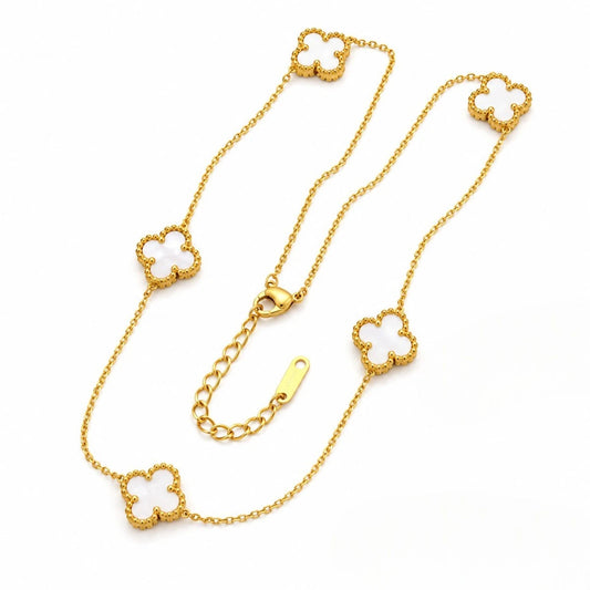 Κολιέ ατσάλι χρυσό με λευκά λουλούδια (N3419)