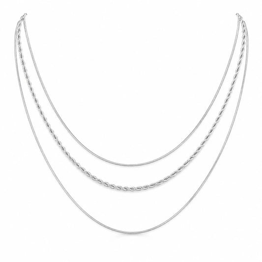 Ασημί Ατσάλινο Κολιέ Τριπλή Αλυσίδα Layering (N3483)