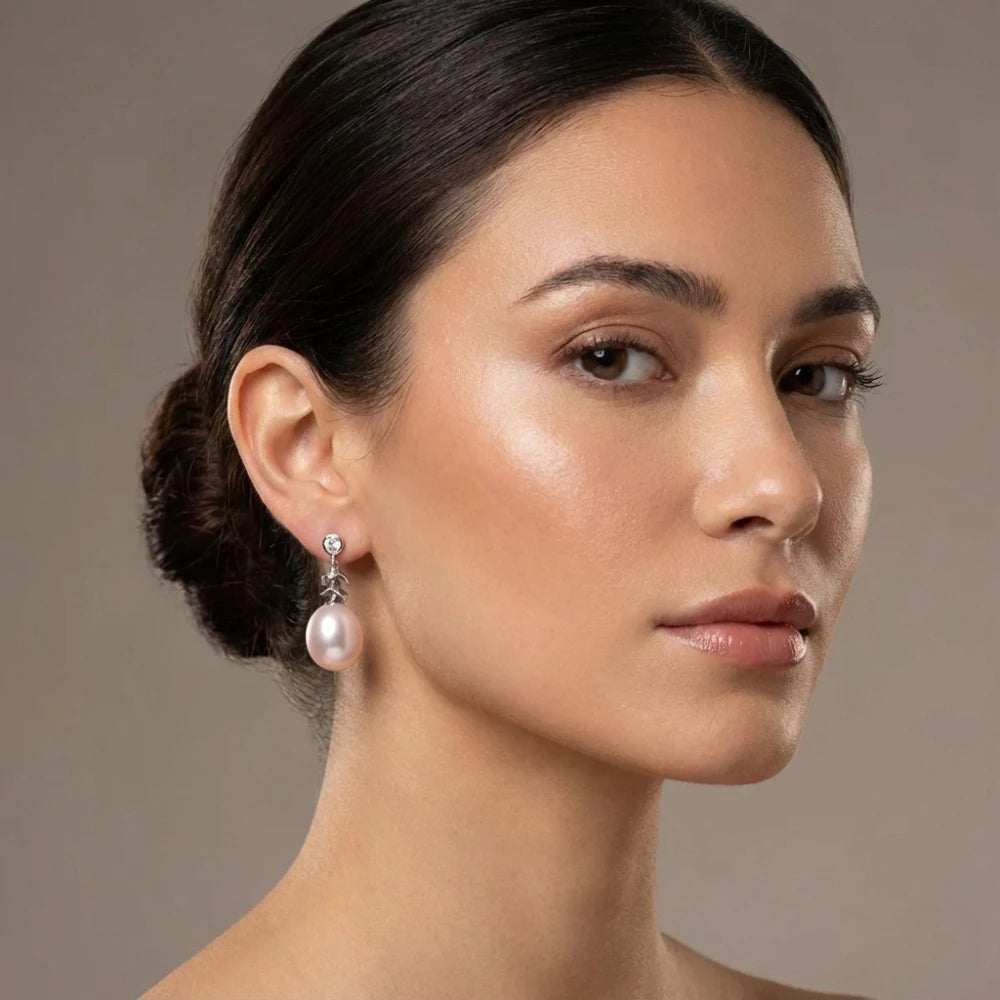 Σκουλαρίκια από Ασήμι 925 2.1cm με Ροζ Μαργαριτάρια Γλυκού Νερού και Ζιργκόν (PE010)