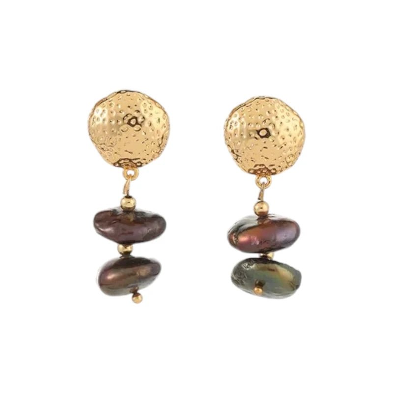 Σκουλαρίκια χάλκινα με μαύρα μαργαριτάρια του γλυκού νερού 3.7cm (E1558) - charmy.gr