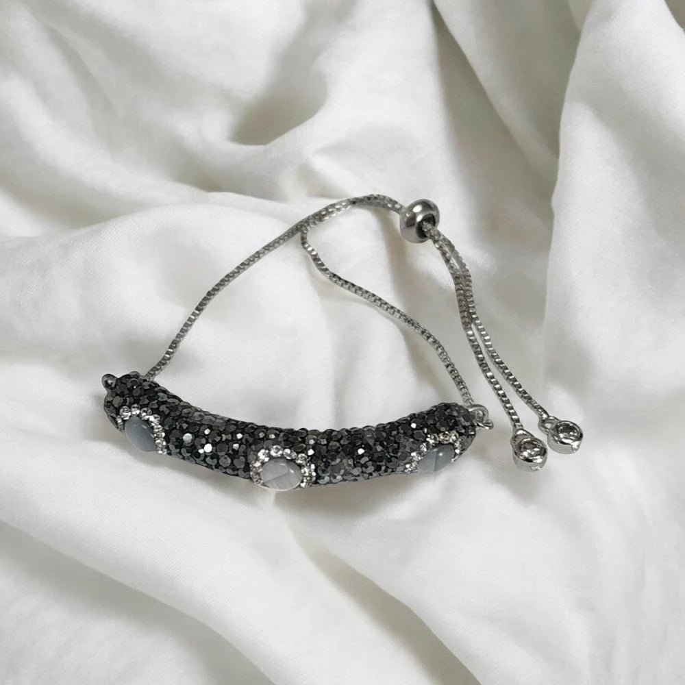 Χειροποίητο βραχιόλι ατσάλινο με πετράδια μάτι γάτας γκρι και ζιργκόν (B1119) - charmy.gr