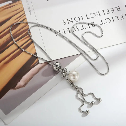 Ατσάλινο κολιέ μακρύ με πέρλα ασημί (N1561) – necklace – charmy.gr