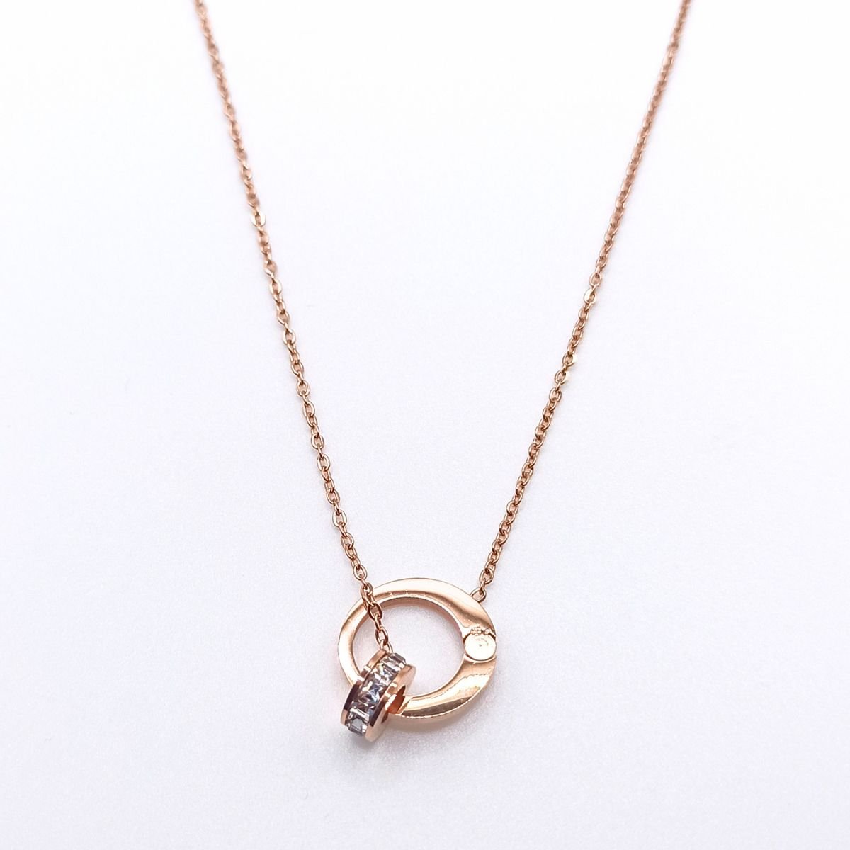 Ατσάλινο κολιέ ροζ χρυσό με κυκλικό στοιχείο με ζιργκόν (N1291) - necklace - charmy.gr