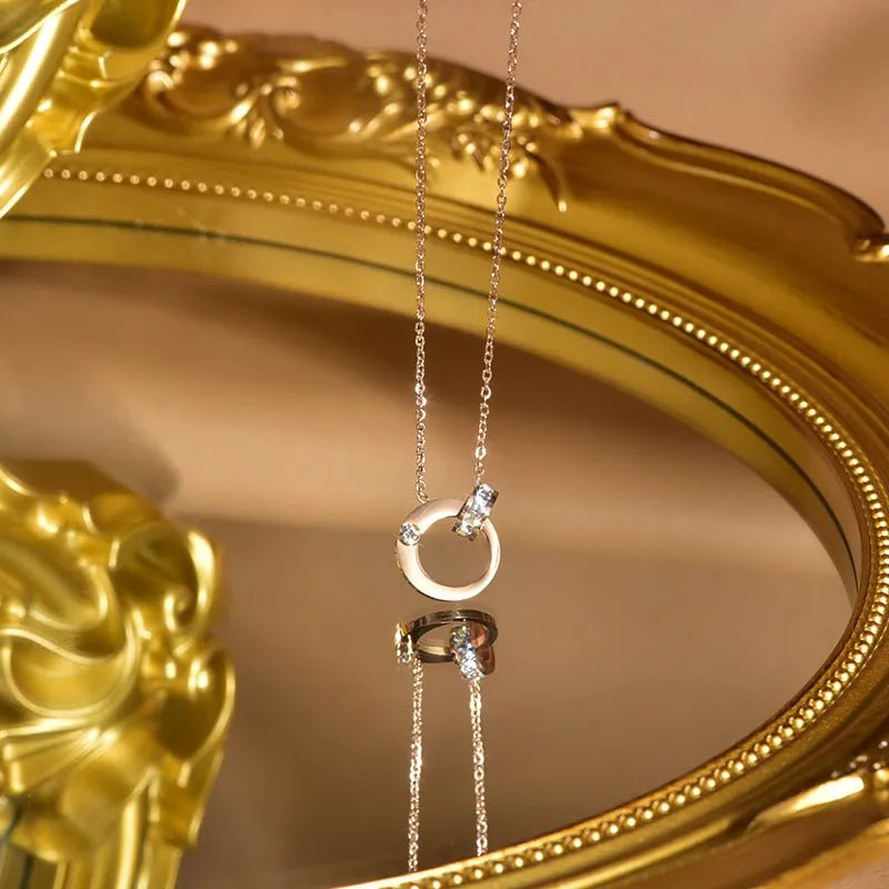 Γυναικείο ατσάλινο κολιέ ροζ χρυσό με κυκλικό στοιχείο με ζιργκόν (N1291) - necklace - charmy.gr