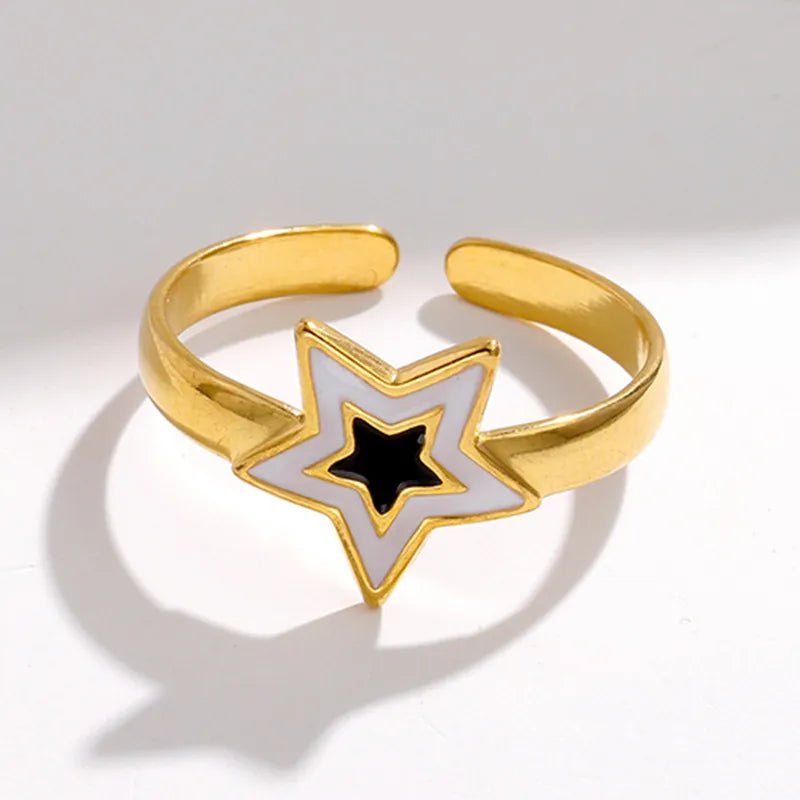 Γυναικείο ατσάλινο ρυθμιζόμενο δαχτυλίδι χρυσό αστέρι με ασπρόμαυρο σμάλτο (R1278) - rings - charmy.gr