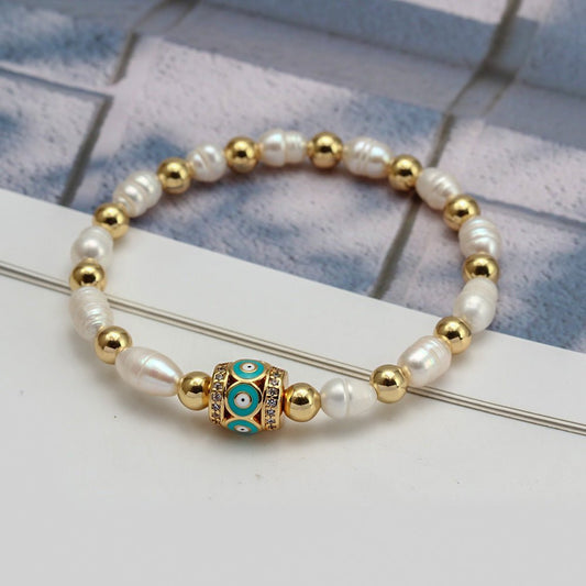 Γυναικείο βραχιόλι ατσάλινο με μεταλλικές χάντρες και πέρλες χρώμα χρυσό (B1493) - bracelet - charmy.gr