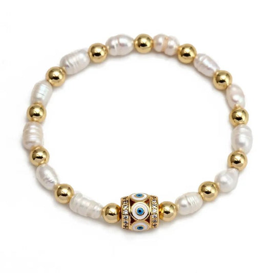 Βραχιόλι ατσάλινο με μεταλλικές χάντρες και πέρλες χρώμα χρυσό (B1493) - bracelet - charmy.gr