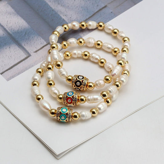 Γυναικείο βραχιόλι ατσάλινο με μεταλλικές χάντρες και πέρλες χρώμα χρυσό (B1495) - bracelet - charmy.gr