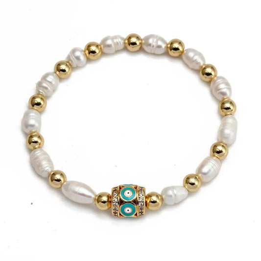 Βραχιόλι ατσάλινο με μεταλλικές χάντρες και πέρλες χρώμα χρυσό (B1499) - bracelet - charmy.gr