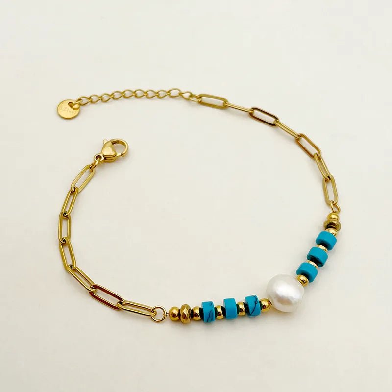 Γυναικείο βραχιόλι ατσάλινο με πέρλα και φυσικές μπλε πέτρες επιχρυσωμένο (B1459) - bracelet - charmy.gr