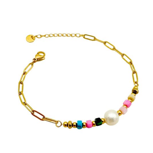 Βραχιόλι ατσάλινο με πέρλα και φυσικές πολύχρωμες πέτρες επιχρυσωμένο (B1457) - bracelet - charmy.gr