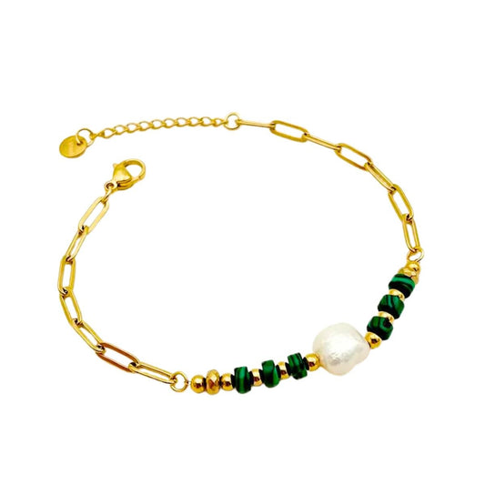 Βραχιόλι ατσάλινο με πέρλα και φυσικές πράσινες πέτρες επιχρυσωμένο (B1461) - bracelet - charmy.gr