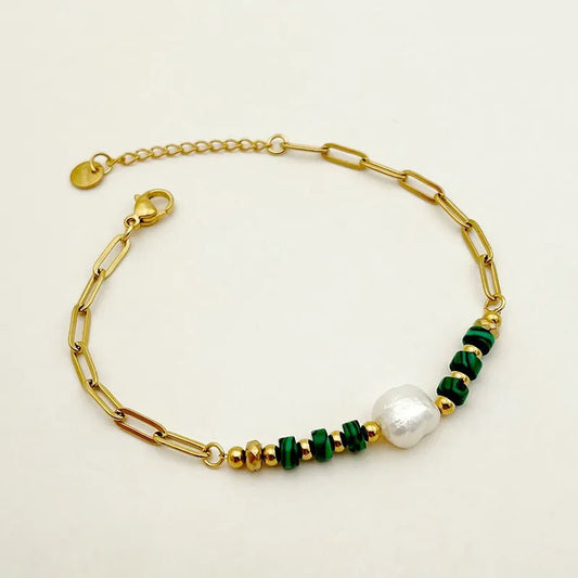Γυναικείο βραχιόλι ατσάλινο με πέρλα και φυσικές πράσινες πέτρες επιχρυσωμένο (B1461) - bracelet - charmy.gr