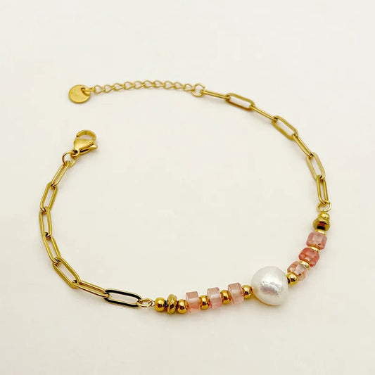 Γυναικείο βραχιόλι ατσάλινο με πέρλα και φυσικές ροζ πέτρες επιχρυσωμένο (B1460) - bracelet - charmy.gr