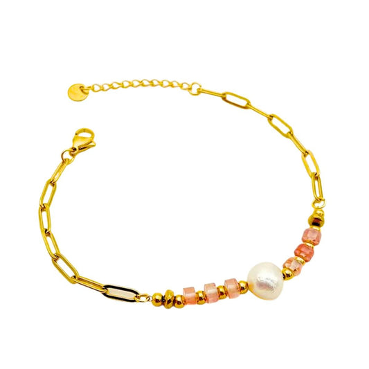 Βραχιόλι ατσάλινο με πέρλα και φυσικές ροζ πέτρες επιχρυσωμένο (B1460) - bracelet - charmy.gr
