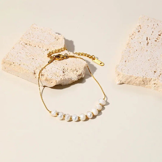 Γυναικείο βραχιόλι ατσάλινο με πέρλες επιχρυσωμένο 18k (B1078)  - bracelet - charmy.gr