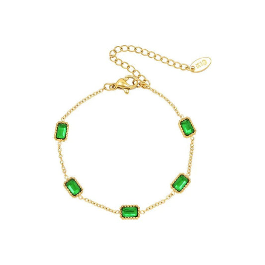 Βραχιόλι ατσάλινο με πράσινες πέτρες ζιργκόν επιχρυσωμένο (B1539) - bracelet - charmy.gr
