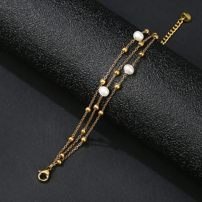 Γυναικείο βραχιόλι ατσάλινο με τριπλή αλυσίδα με καλλιεργημένα μαργαριτάρια επιχρυσωμένο (B1356) - bracelet - charmy.gr