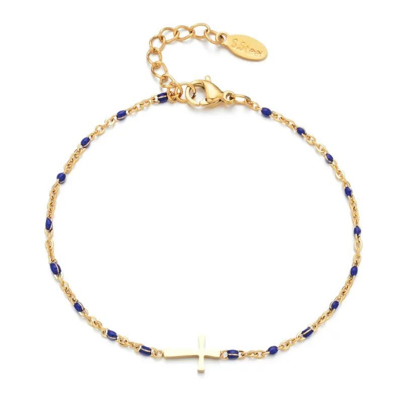 Βραχιόλι ατσάλινο ροζάριο μπλε χρυσό (B1096) - bracelet - charmy.gr