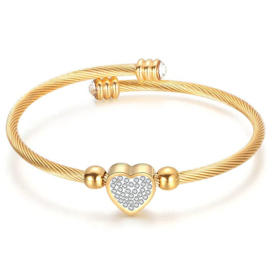 Βραχιόλι ατσάλινο χρώμα χρυσό με καρδία με λευκά ζιργκόν (B1384) - bracelet - charmy.gr